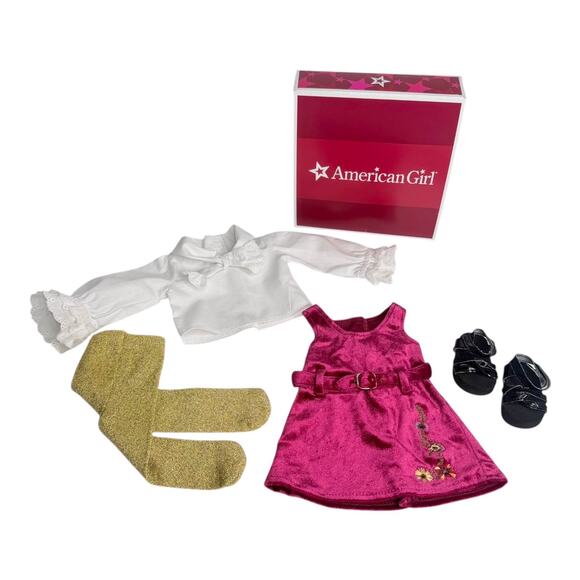 American Girl Julie Christmas Dress Holiday Velvet Gold Tights Shoes Blouse Box - Picture 8 of 9